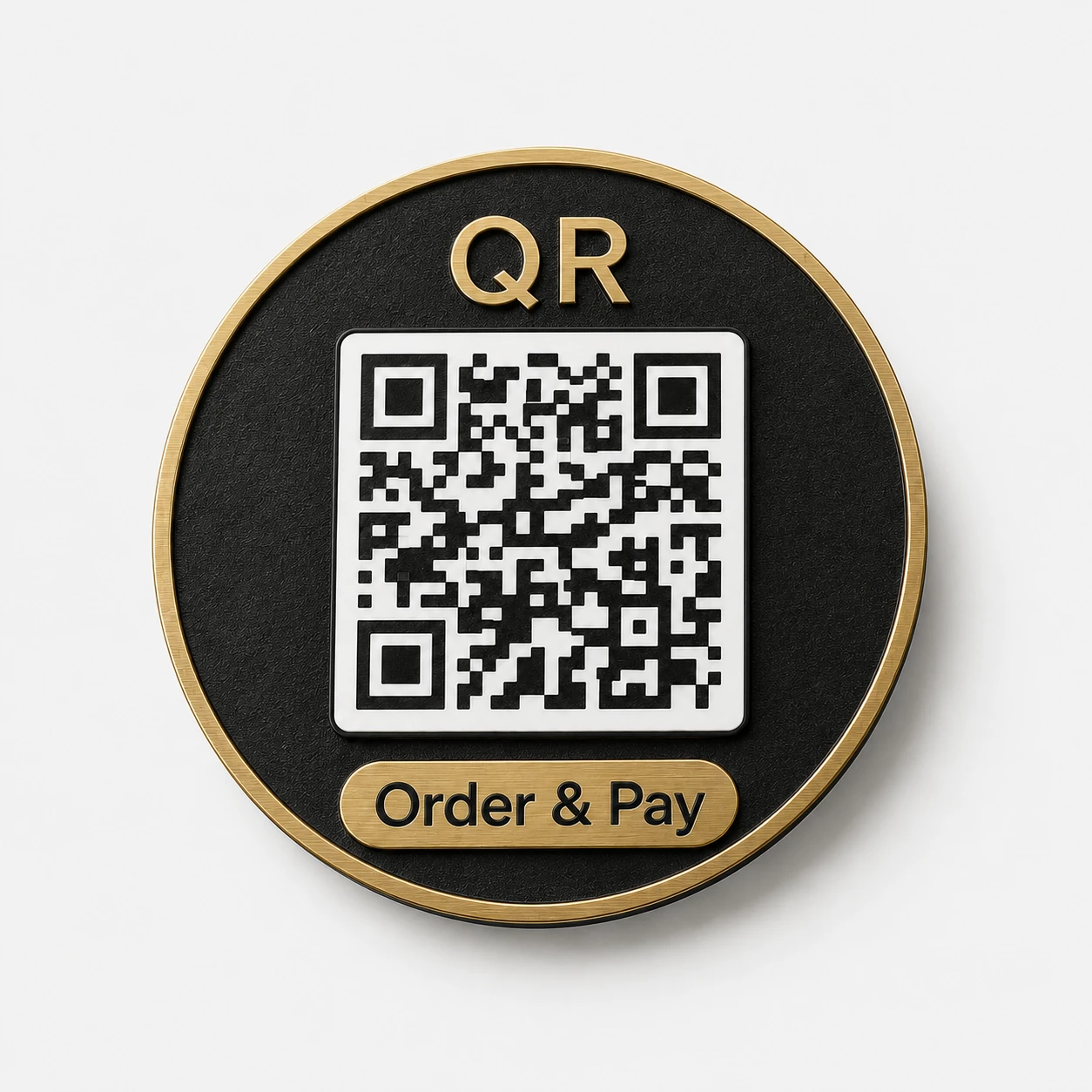 Placa QR redonda negra y dorada