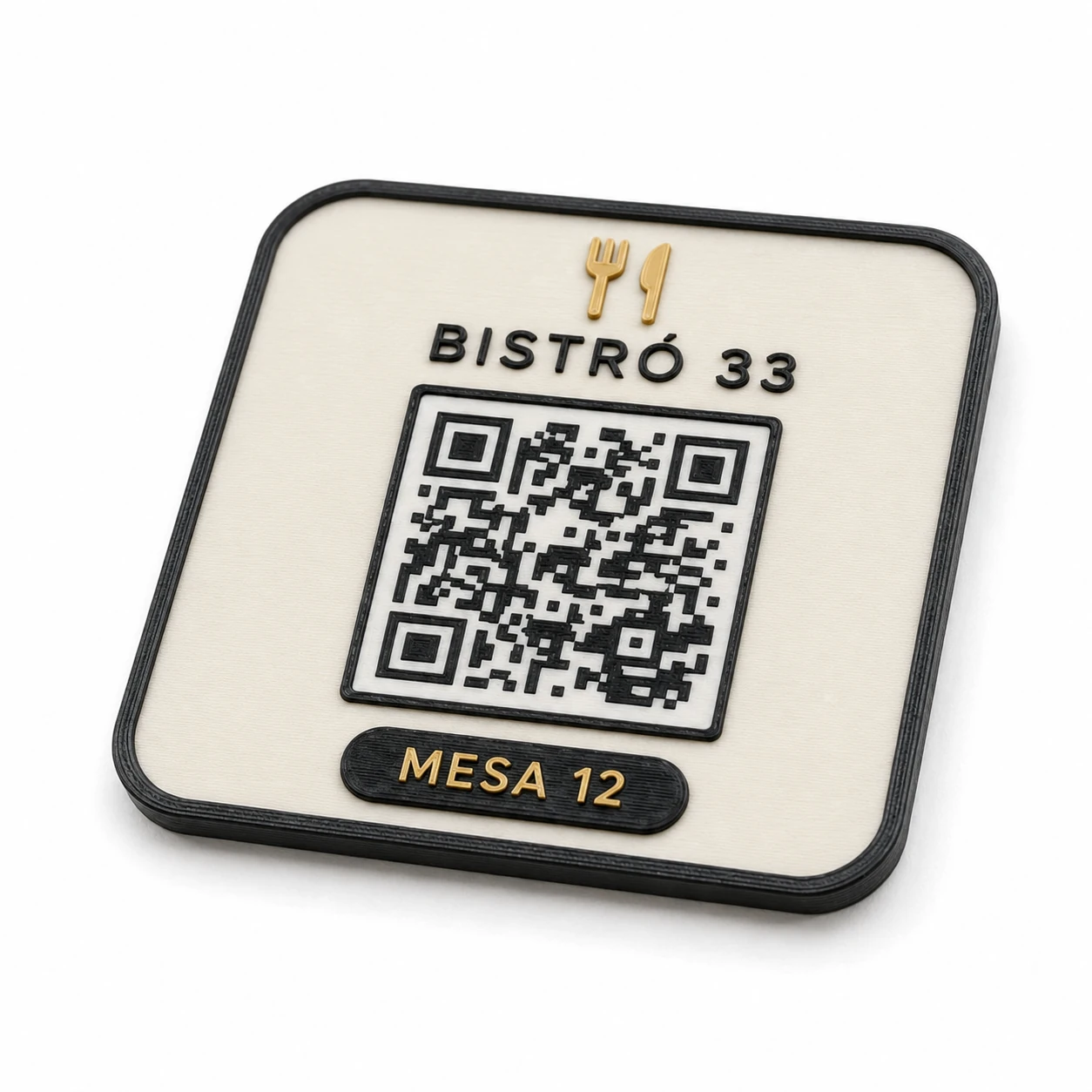 Placa QR cuadrada negra y dorada
