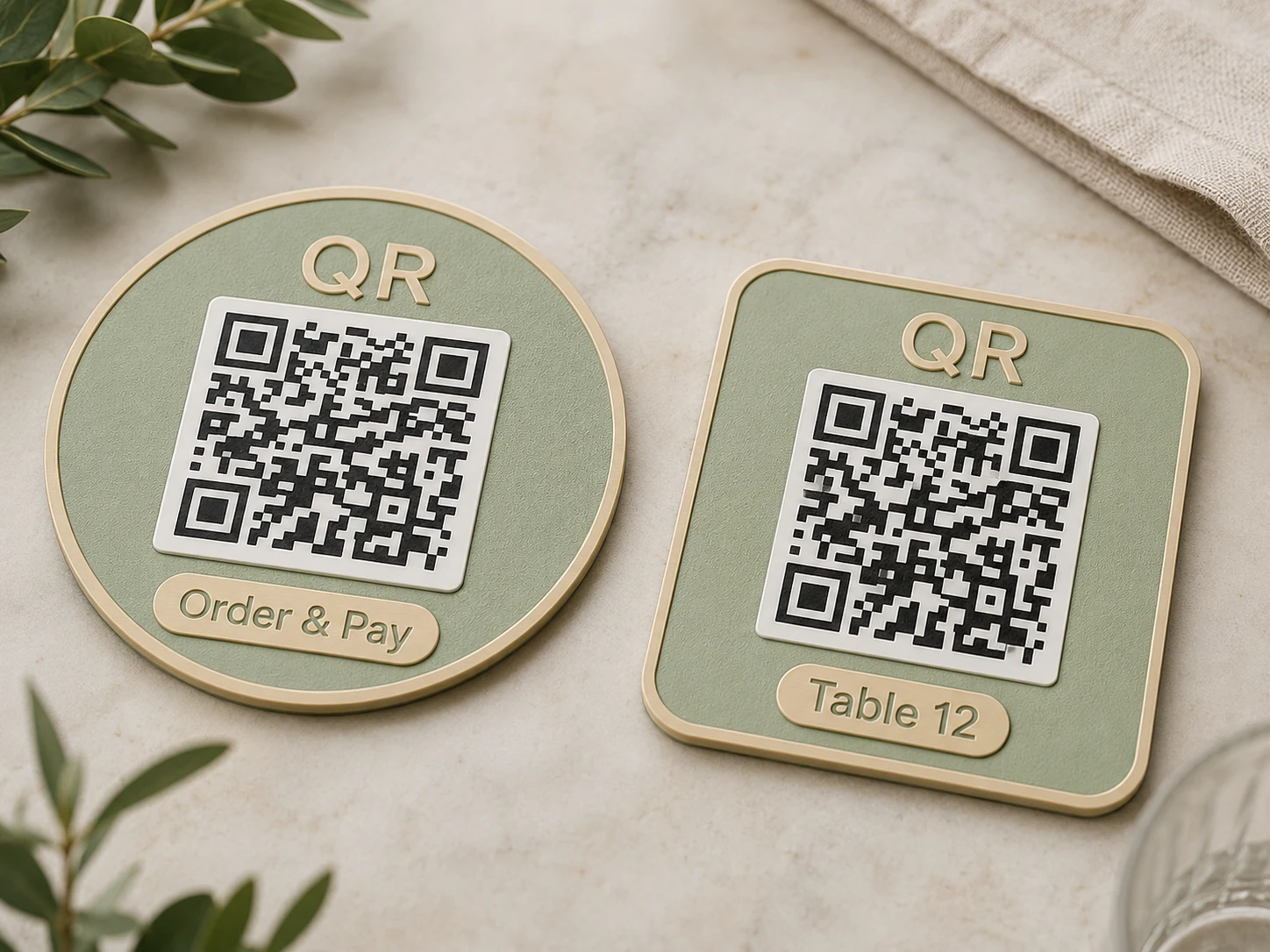 Placas QR verde pastel y beige