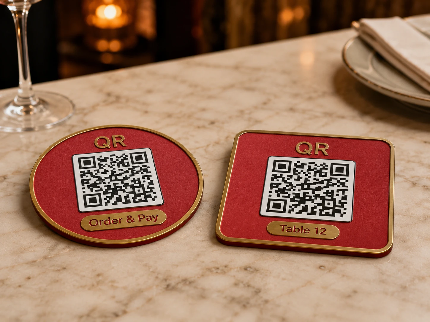 Placas QR rojas con borde dorado